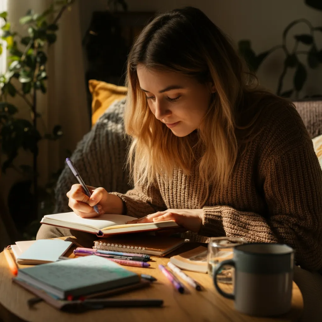 Person writing in a journal, demonstrating how to do a brain dump for stress relief and mental clarity.