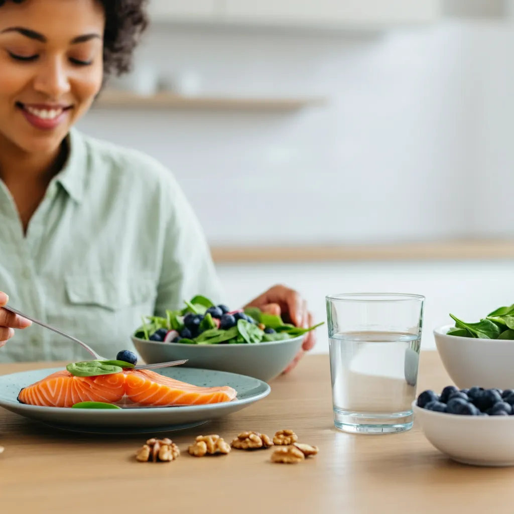 A balanced diet with brain-boosting foods like fish, fruits, and vegetables promotes cognitive function and overall brain health.