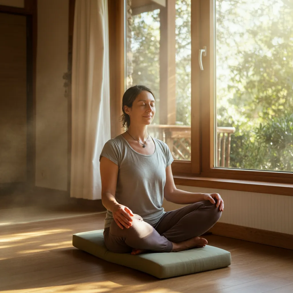 Serene person meditating, illustrating how Buddhist principles like mindfulness and meditation can be incorporated into daily life for stress reduction and inner peace.