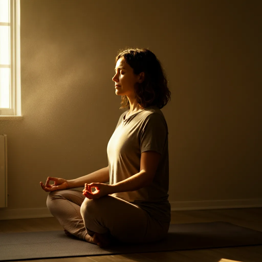 Serene person meditating, symbolizing the inner peace achievable through Buddhist teachings and anxiety relief practices.