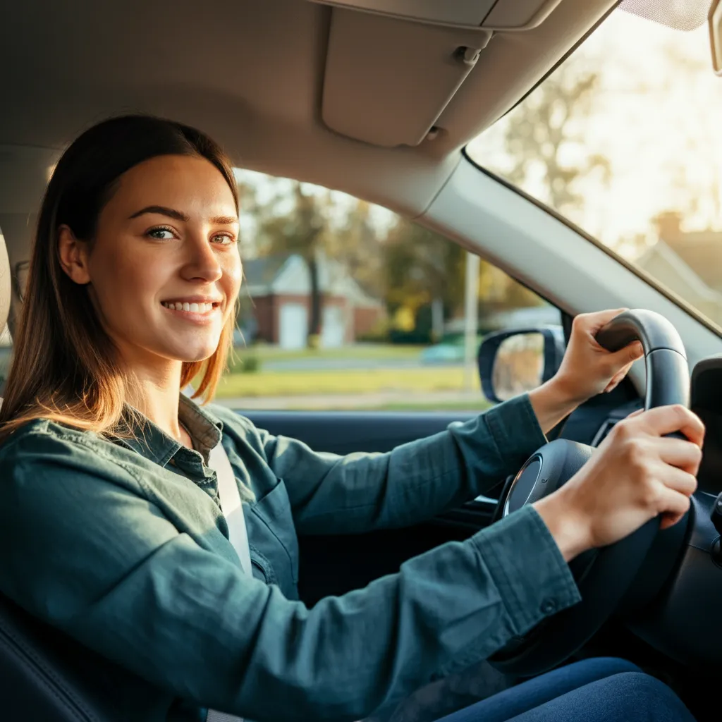 Person confidently driving a car, symbolizing overcoming driving anxiety and building driving skills.