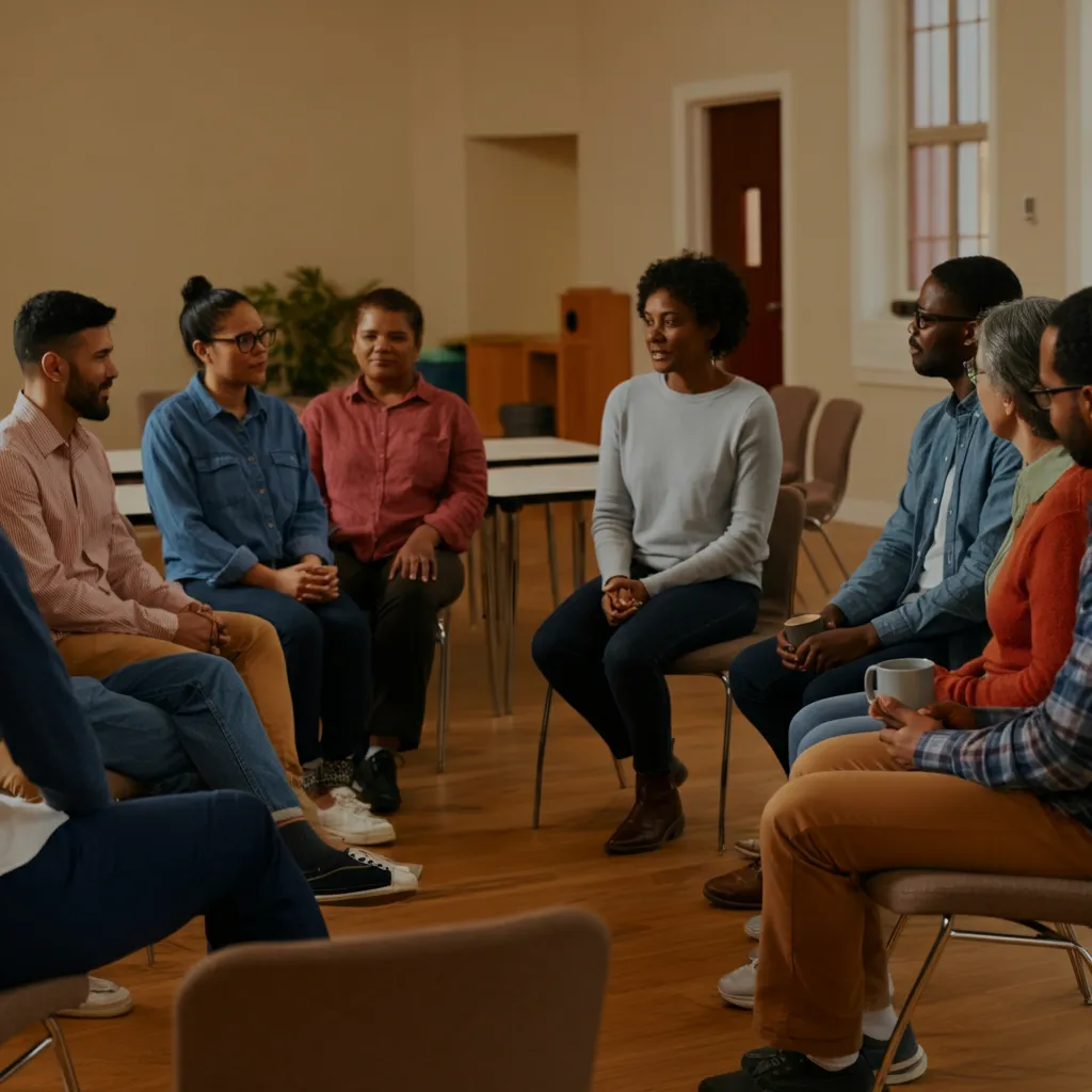 Diverse group of people connecting and supporting each other, symbolizing a strong mental health community.