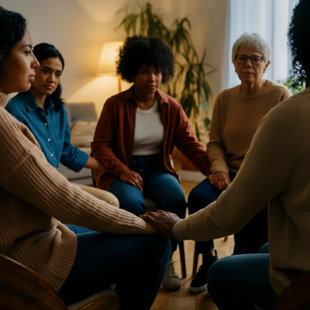 A diverse group of people standing together, offering support and encouragement to one another, symbolizing the importance of a strong support system during addiction recovery.