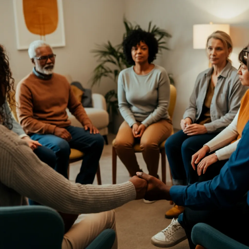 Diverse group of people engaged in active listening and respectful communication, demonstrating trust and support within a peer support environment.