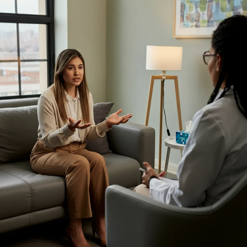 A person sitting with a career coach, discussing their career goals and aspirations.