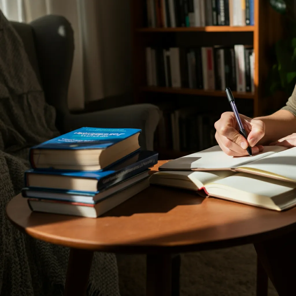 Person practicing Cognitive Behavioral Therapy (CBT) self-help techniques to reshape thoughts and behaviors for improved mental well-being.