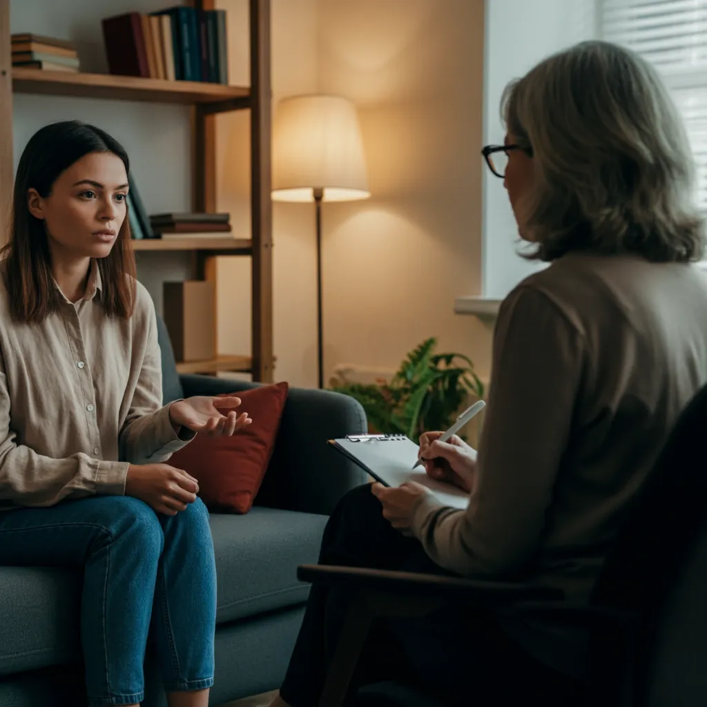 Illustration of the impact of childhood trauma on adult relationships, including themes of trust, intimacy, setting boundaries, and repeating patterns.