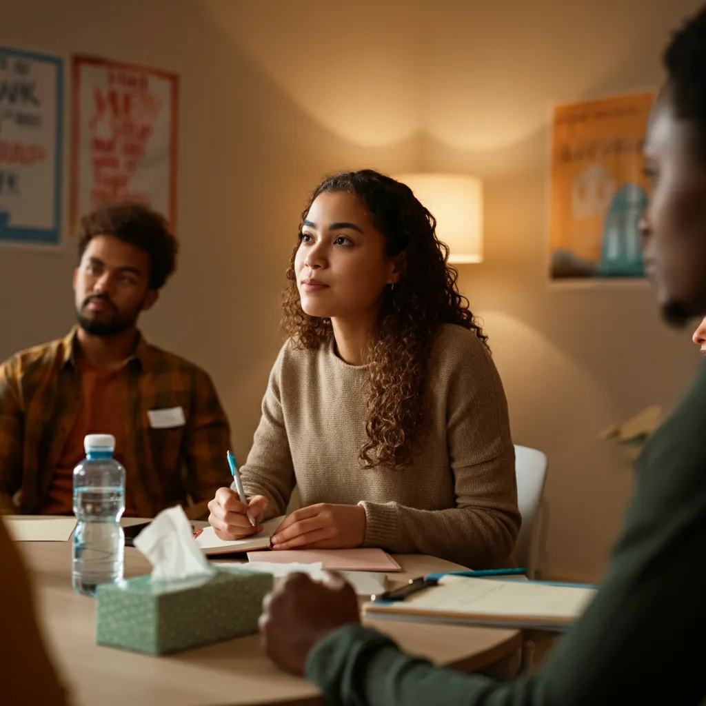 Person checking off items on a support group checklist, considering factors like group goals, meeting frequency, and cost.