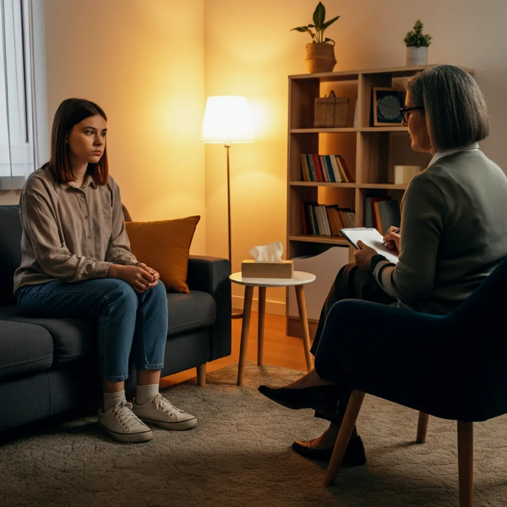 Person checking off items on a checklist for choosing a therapist, considering factors like experience, approach, personality, and compatibility.