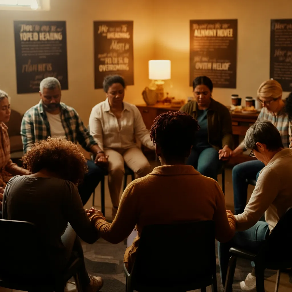 Members of a Christian community embracing a person, symbolizing support and guidance in addiction recovery.