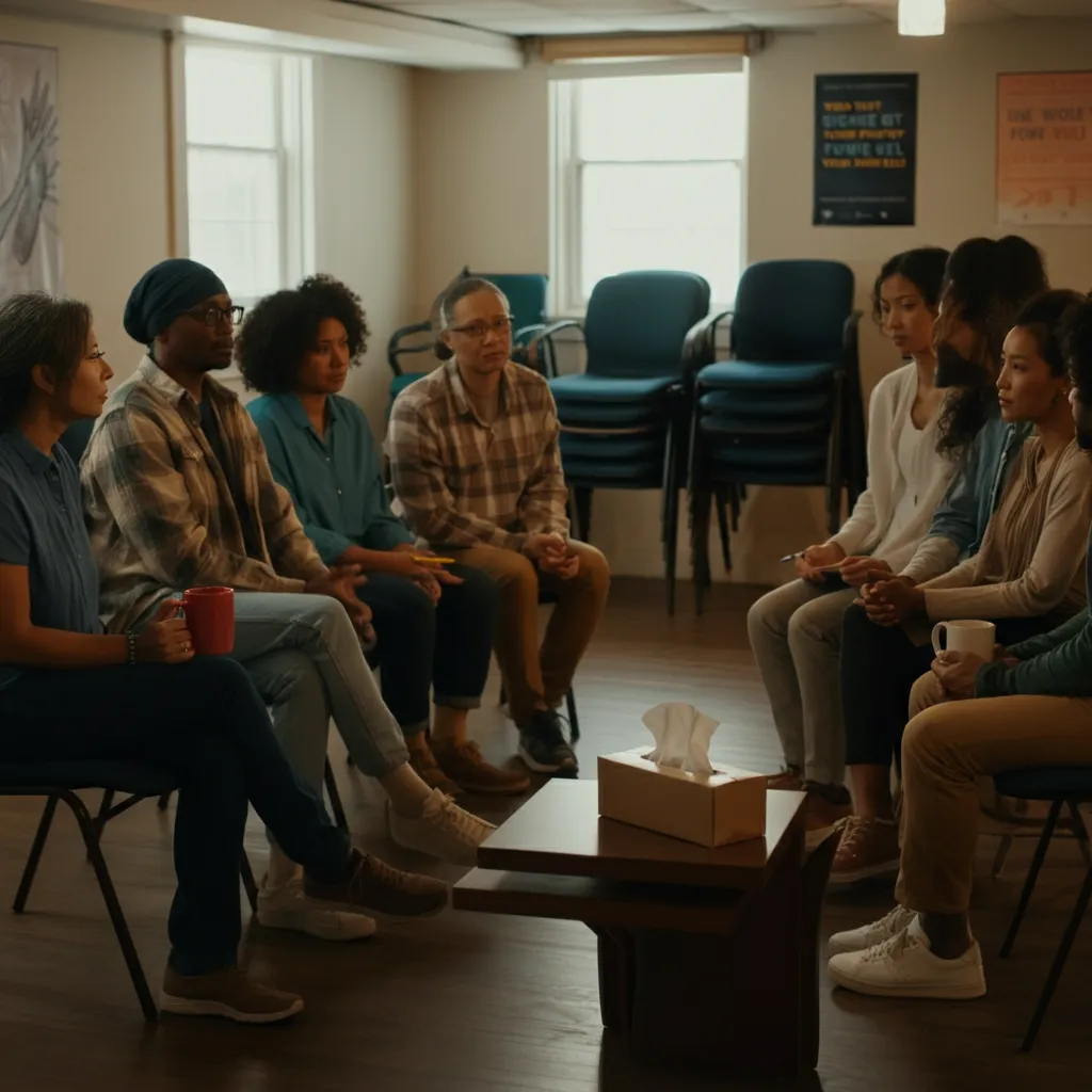 A diverse group of people meeting together, offering support and encouragement symbolizing Christian support groups and accountability partnerships for addiction recovery.