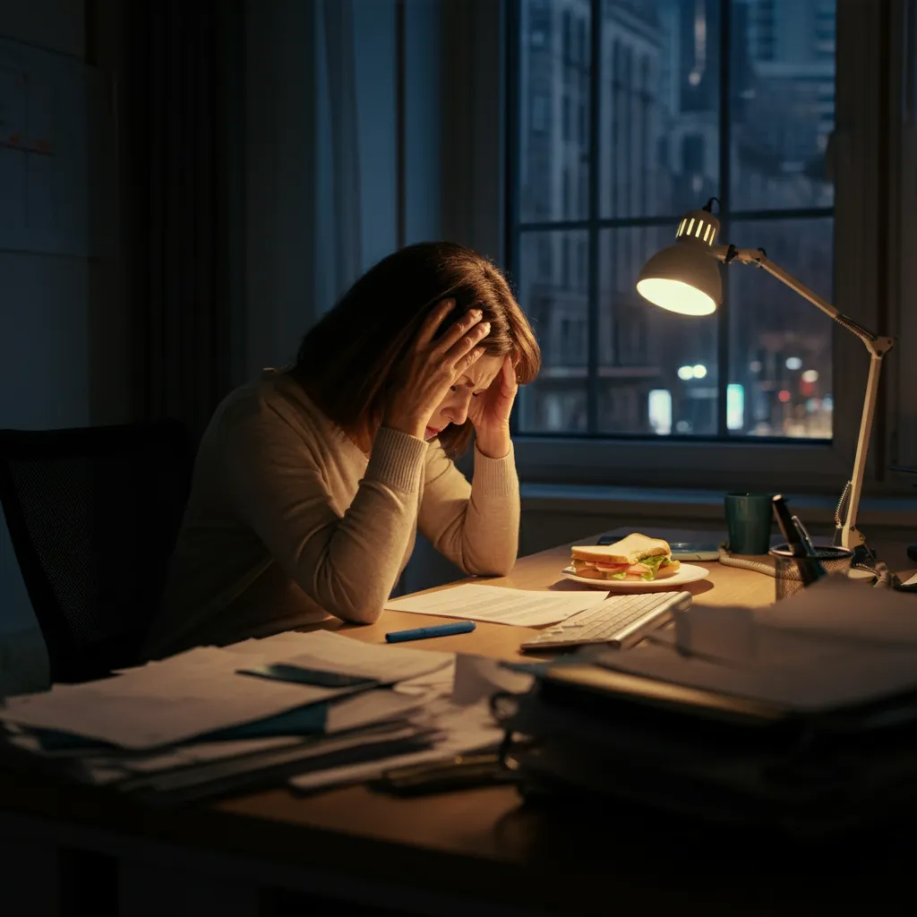 Person experiencing emotional exhaustion and burnout from chronic workplace stress, contemplating retirement for improved well-being.