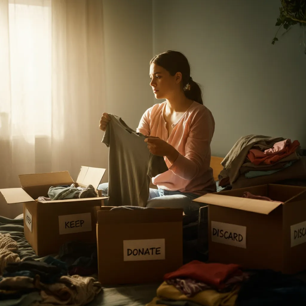 Person decluttering and organizing a room, representing the process of cleaning a depression room.