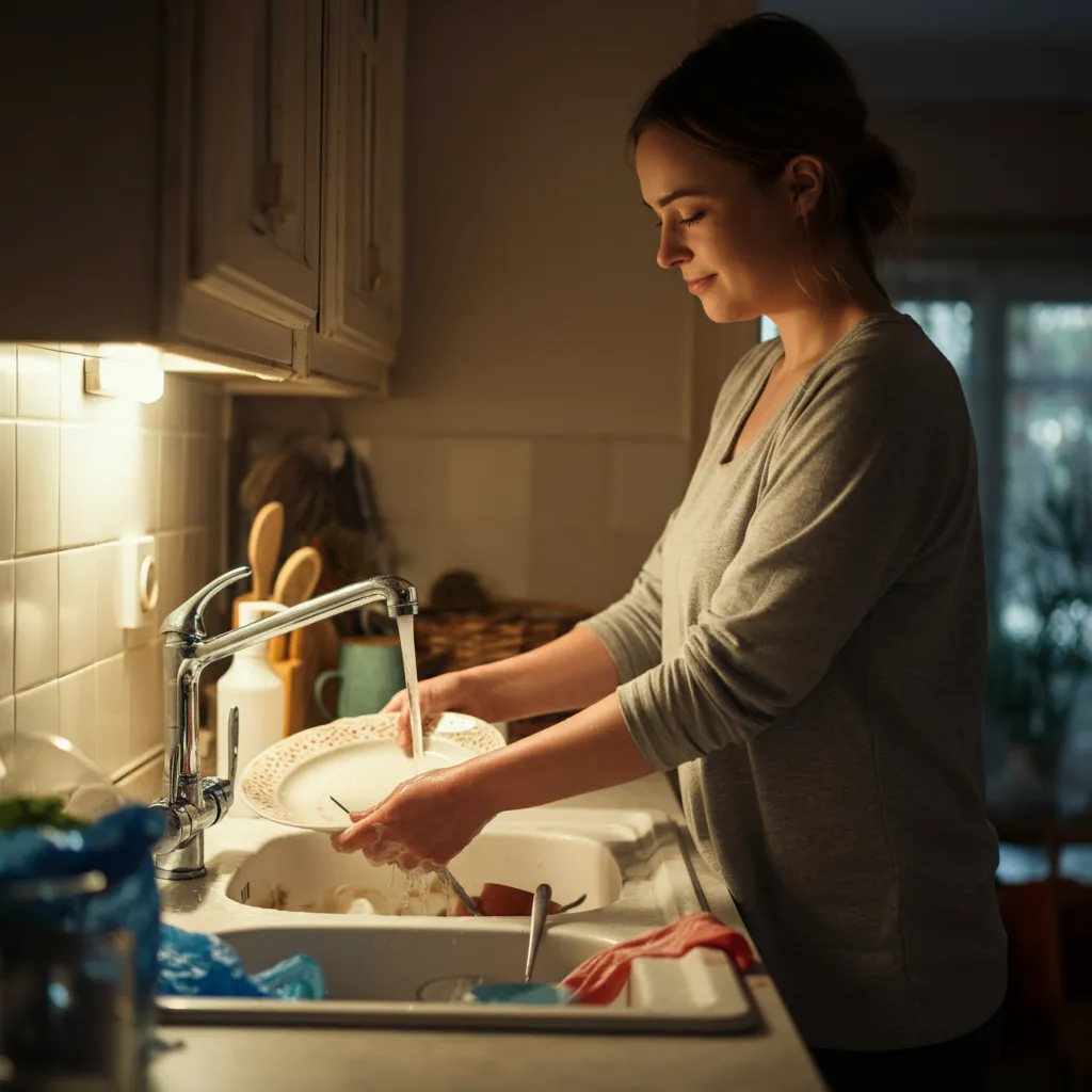 Person washing dishes in a depression room, symbolizing small steps towards mental health progress.