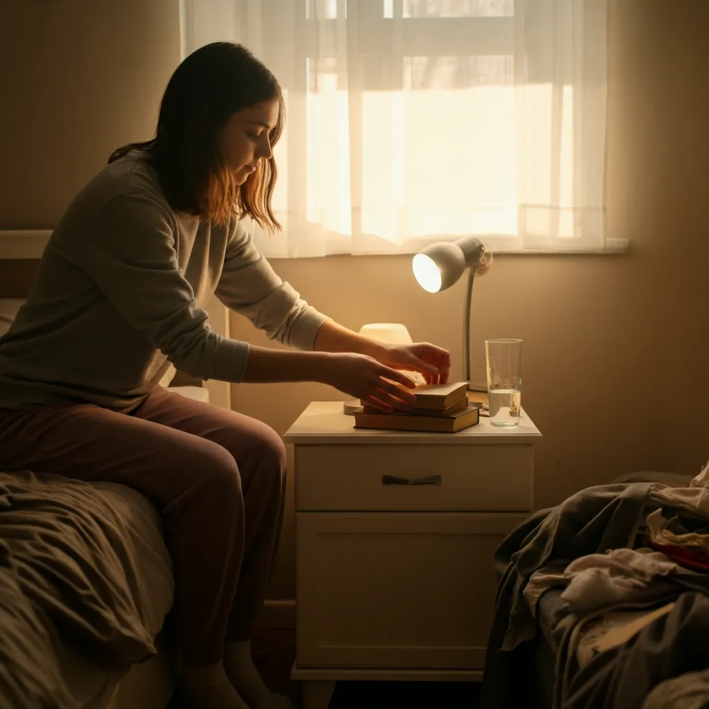 Person starting to clean a small area of their room, representing the first step in tidying a depression room.