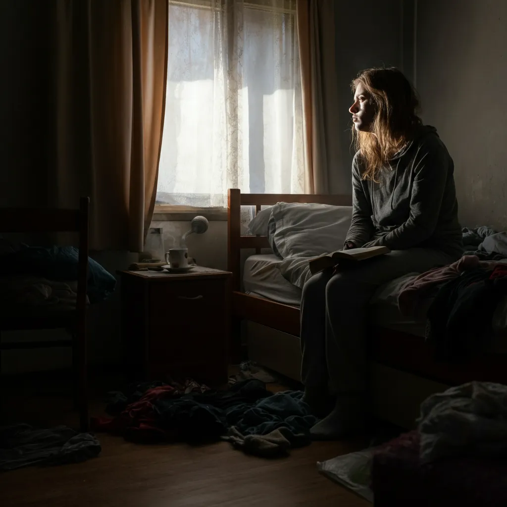 Person feeling overwhelmed by a messy room, symbolizing the impact of depression on cleaning motivation.