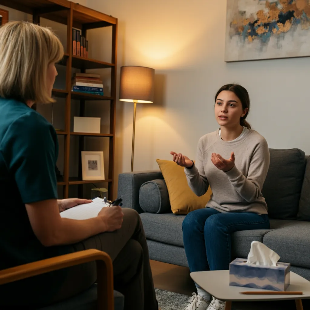 A person seeking professional support for co-occurring eating disorder and depression, highlighting integrated treatment with therapists, dietitians, and psychiatrists.