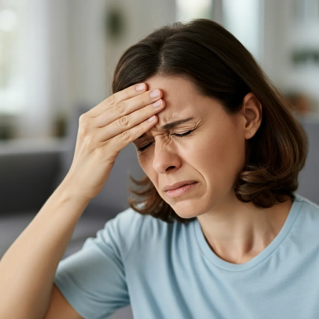 Illustration of common neurological symptoms of anxiety, including dizziness, headaches, tingling, muscle tension, fatigue, brain fog, and irritability.