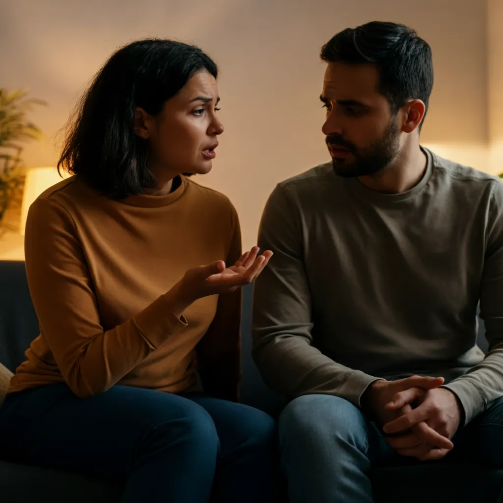 A couple communicating about an emotional affair, symbolizing the importance of open communication and setting boundaries in a relationship.