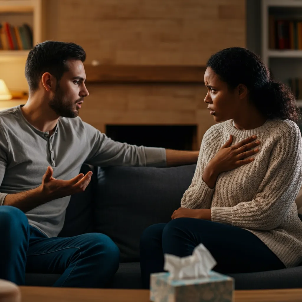 Couple communicating about emotional infidelity, demonstrating active listening and open communication.