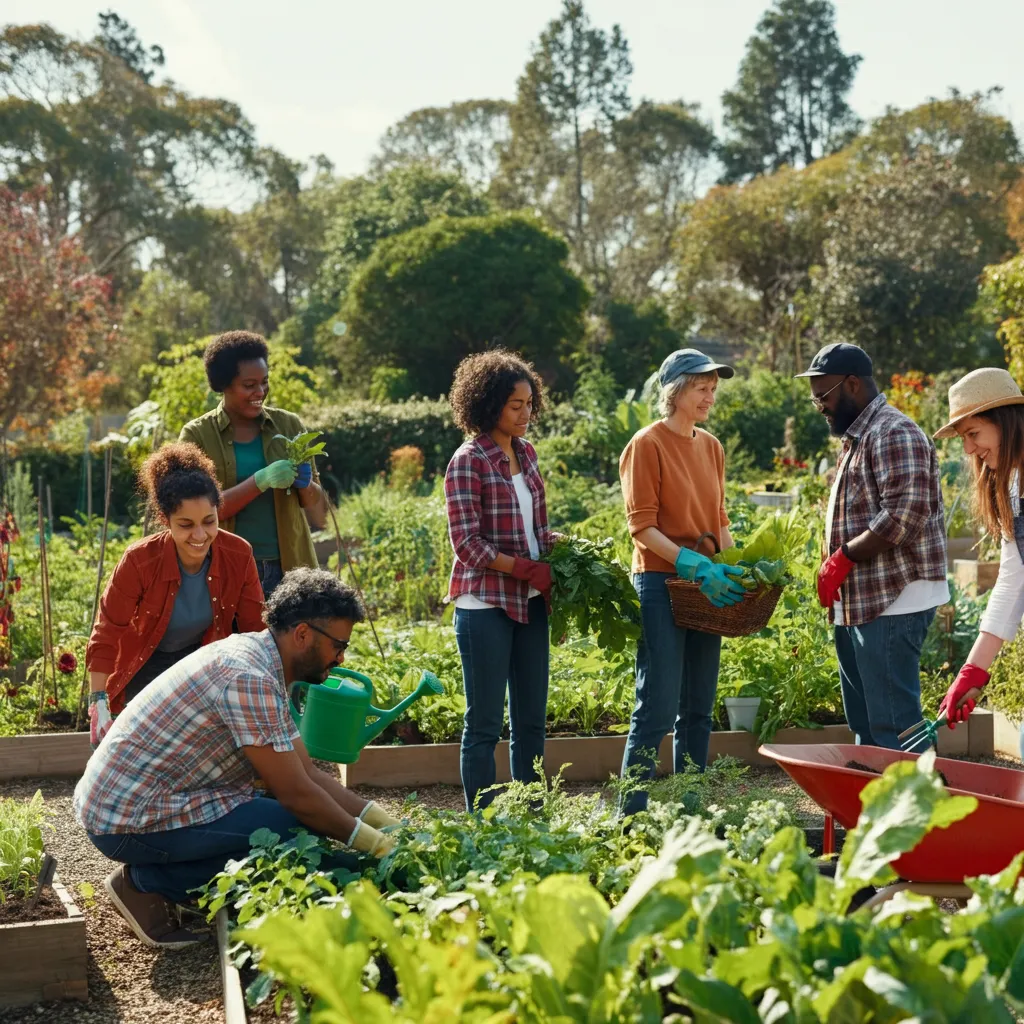 People working together in a community garden, cultivating plants and positive mental health.