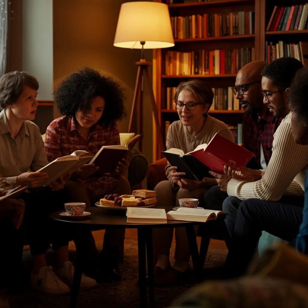 Diverse group of people engaged in various learning activities, such as a workshop, book club, and language exchange, fostering connection and mental wellness.