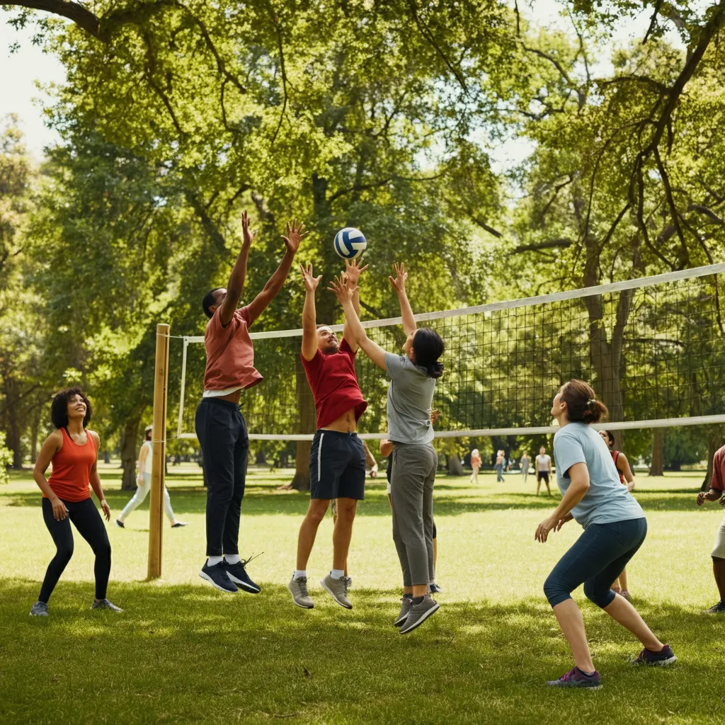 Group of people enjoying outdoor physical activity together, promoting mental wellness through community connection and exercise.