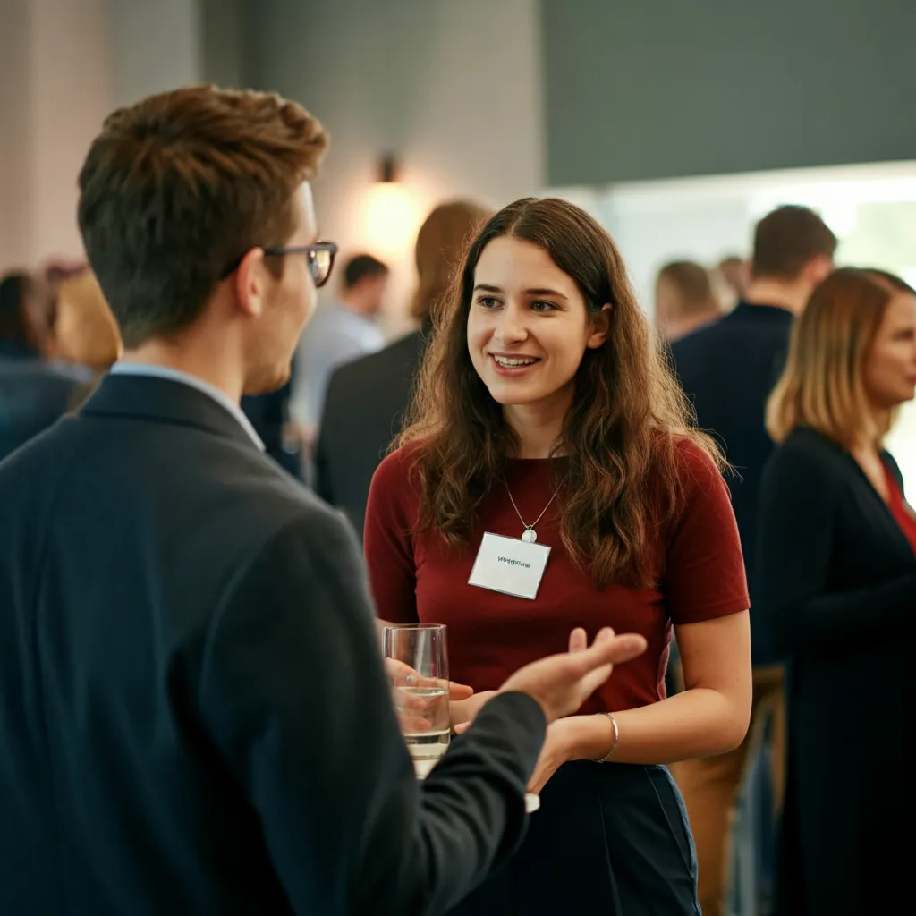 Confident body language illustration: Person standing tall with open posture, making eye contact, and smiling during a networking event.