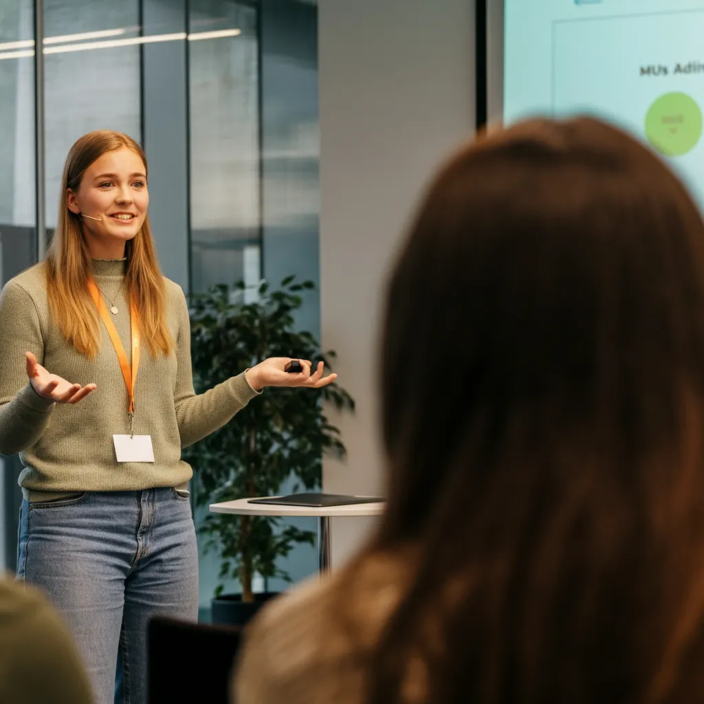 Person demonstrating confident body language through posture, eye contact, and a smile.