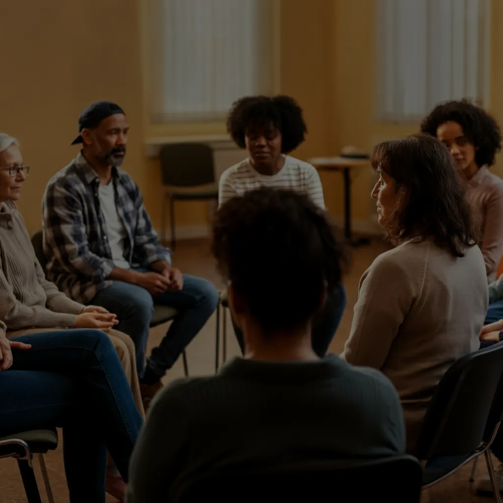 Diverse group of people connecting in a supportive mental health group setting, finding comfort and sharing experiences.