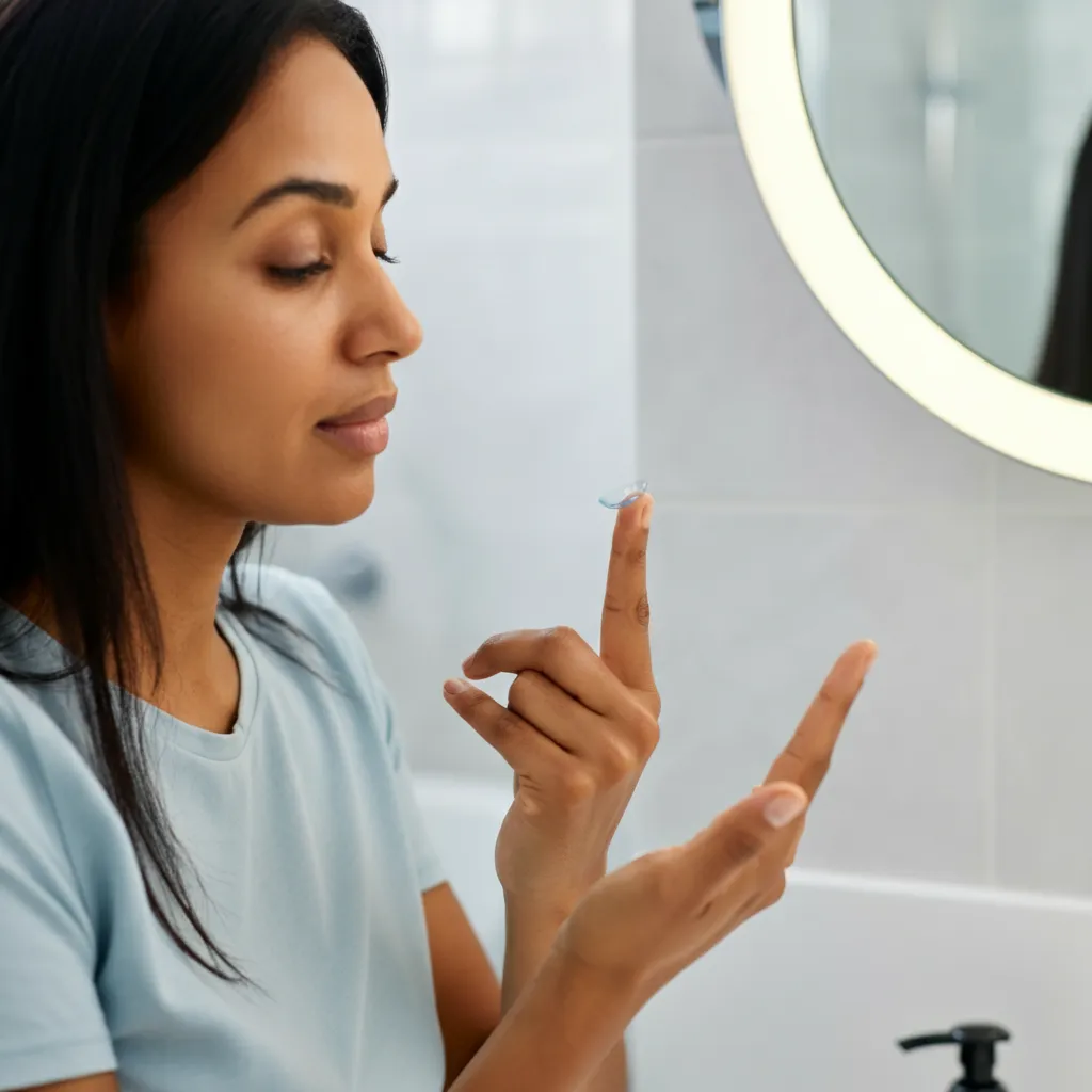 A person demonstrating the steps of contact lens insertion and removal, highlighting handwashing, lens placement, and safe handling techniques.