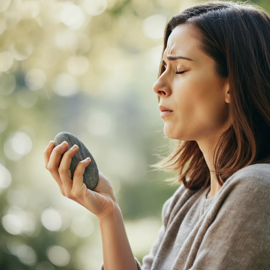 A calming image representing various coping mechanisms and self-help strategies for managing panic attacks and anxiety, including grounding techniques, deep breathing exercises, mindfulness, regular exercise, healthy diet, and sufficient sleep.