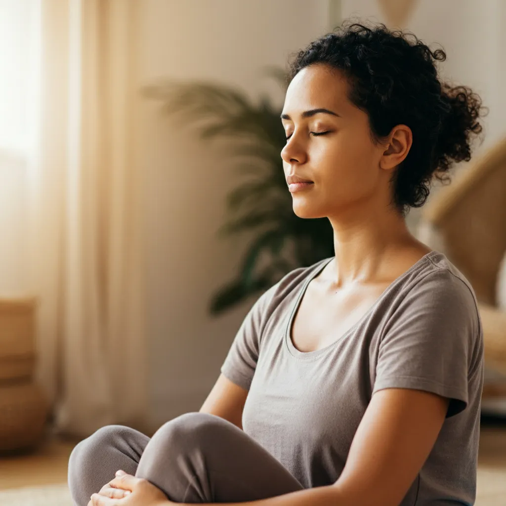 Person practicing mindfulness and deep breathing exercises to manage anxiety symptoms.