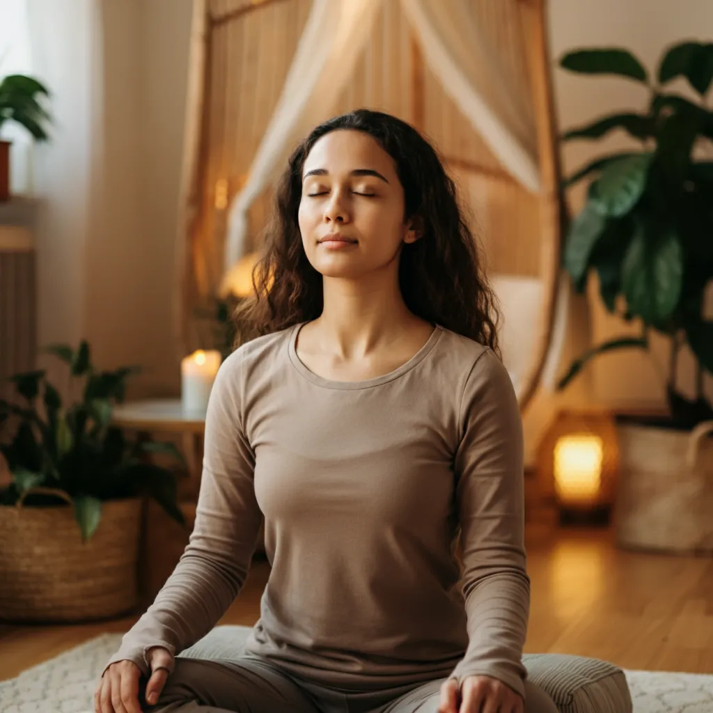 Person practicing relaxation techniques to manage anxiety and neurological symptoms like dizziness and headaches.