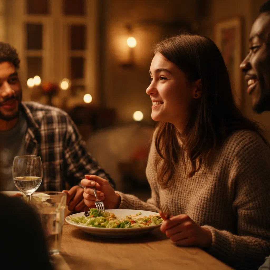 Person practicing mindful eating techniques at a social gathering, demonstrating coping strategies for mealtime anxiety and phagophobia.