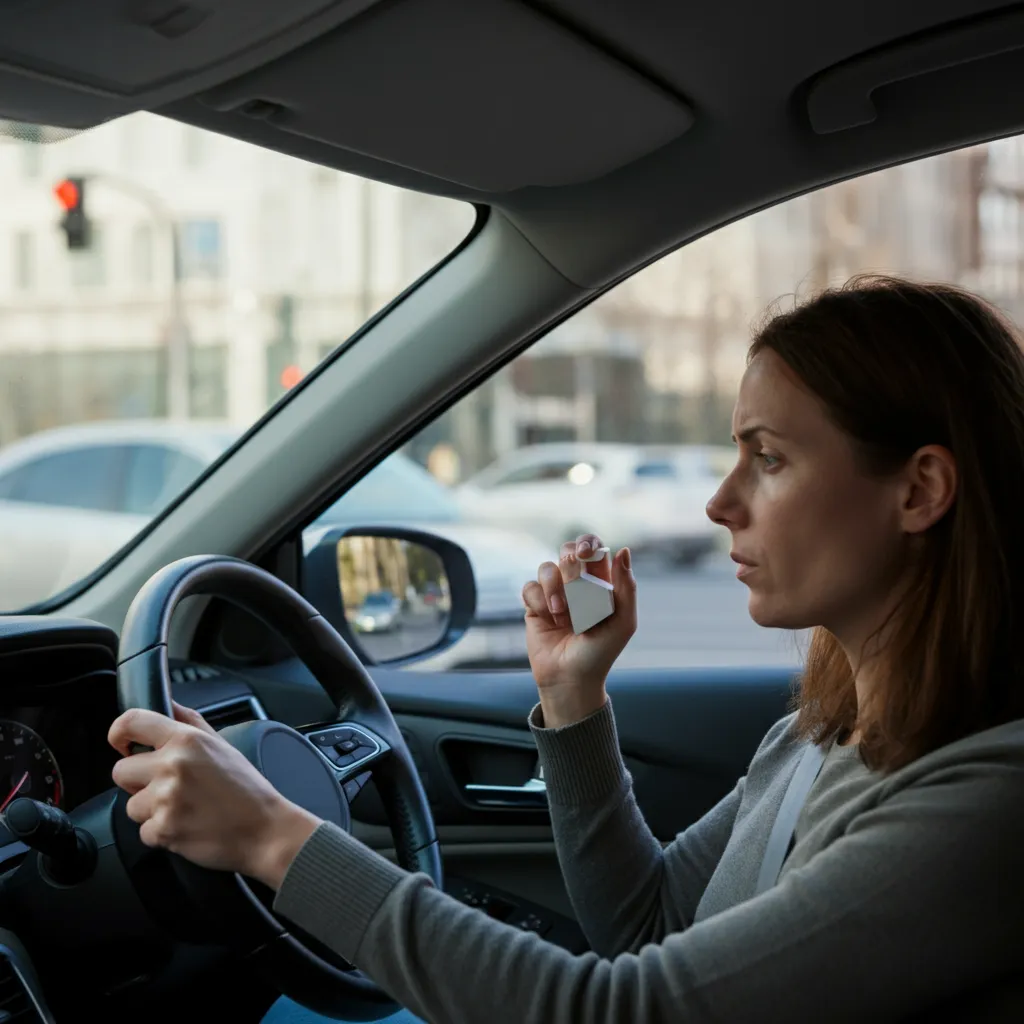 Person practicing calming breathing techniques while driving, illustrating coping strategies for panic attacks behind the wheel.