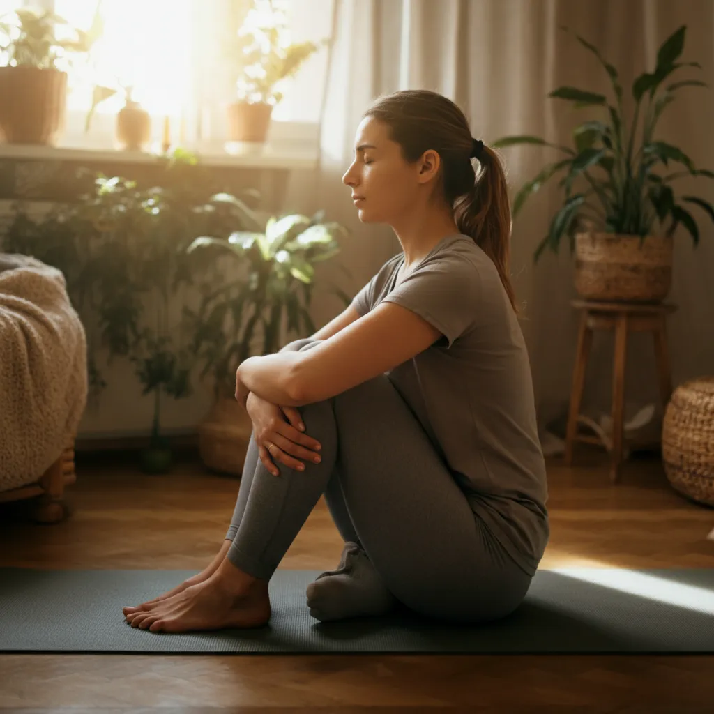 Person practicing self-care strategies for managing OS-TSRD, such as mindfulness, relaxation techniques, and building a support network.