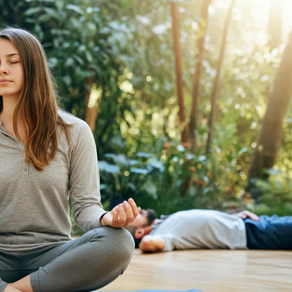 Person practicing coping strategies and self-help techniques for managing panic attacks and anxiety, including deep breathing, grounding exercises, mindfulness, and lifestyle changes.