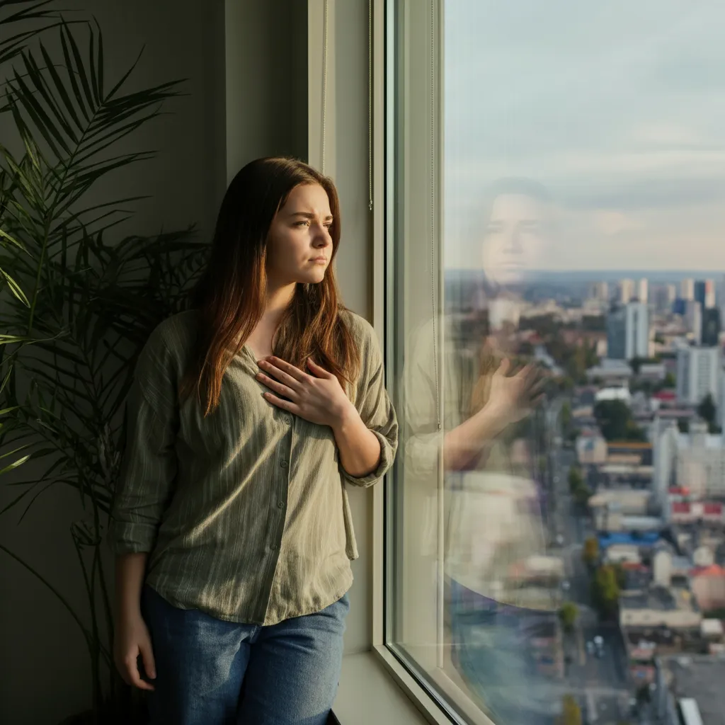 Person looking out from a high window in a skyscraper, illustrating the challenges of coping with fear of heights in everyday life.