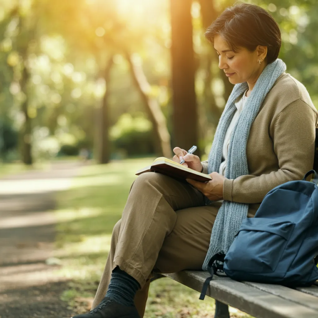 Person finding healthy coping mechanisms, like journaling or spending time in nature, to manage grief while living with bipolar disorder.