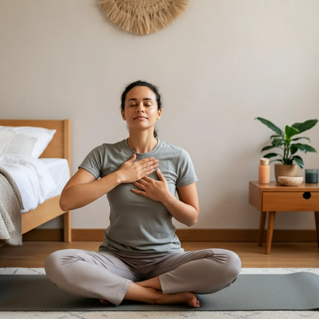 Person practicing coping strategies for separation anxiety in adults, including relaxation techniques, gradual exposure, and building a strong support system.