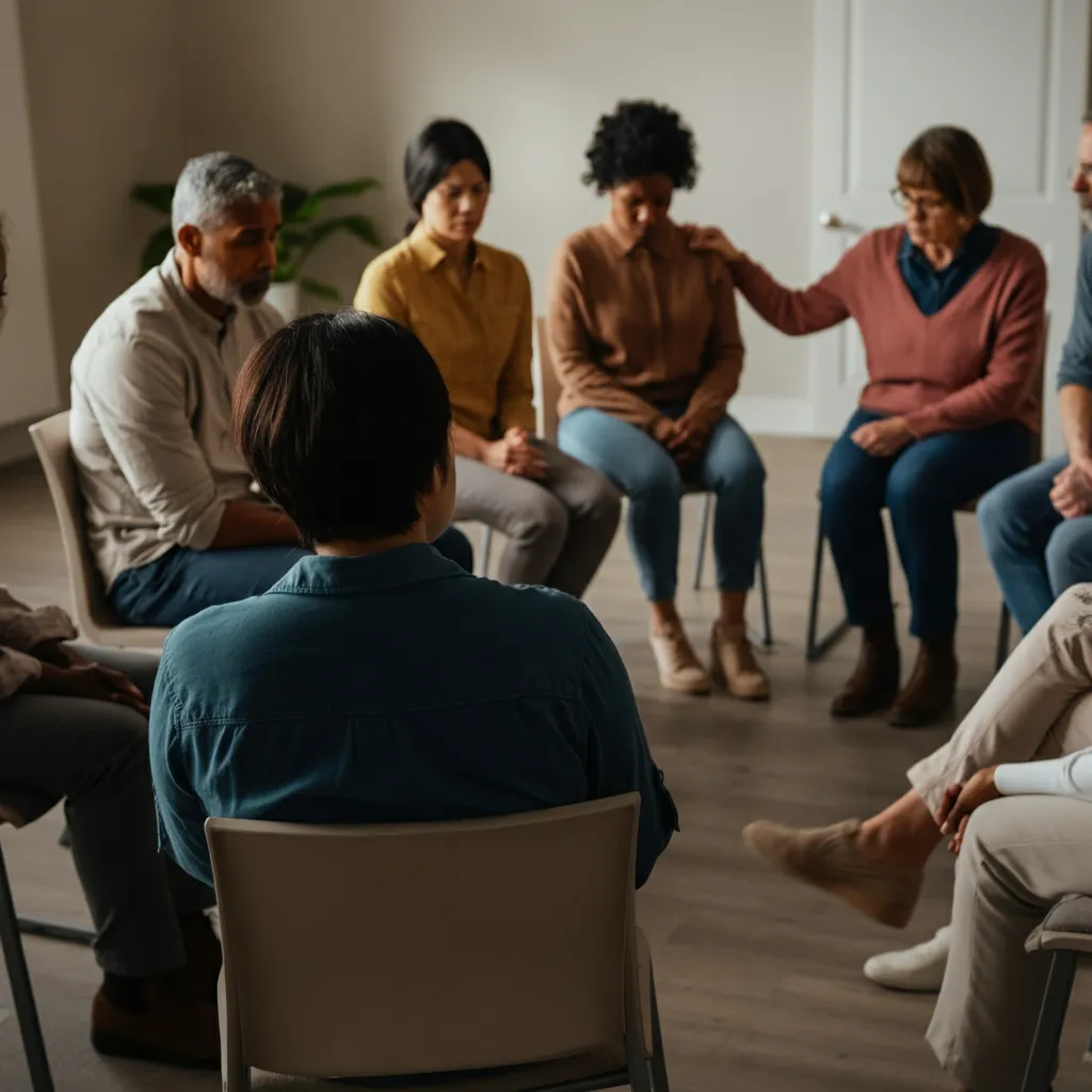 A group of people participating in a Critical Incident Stress Debriefing (CISD) session, finding support and processing a traumatic event together.