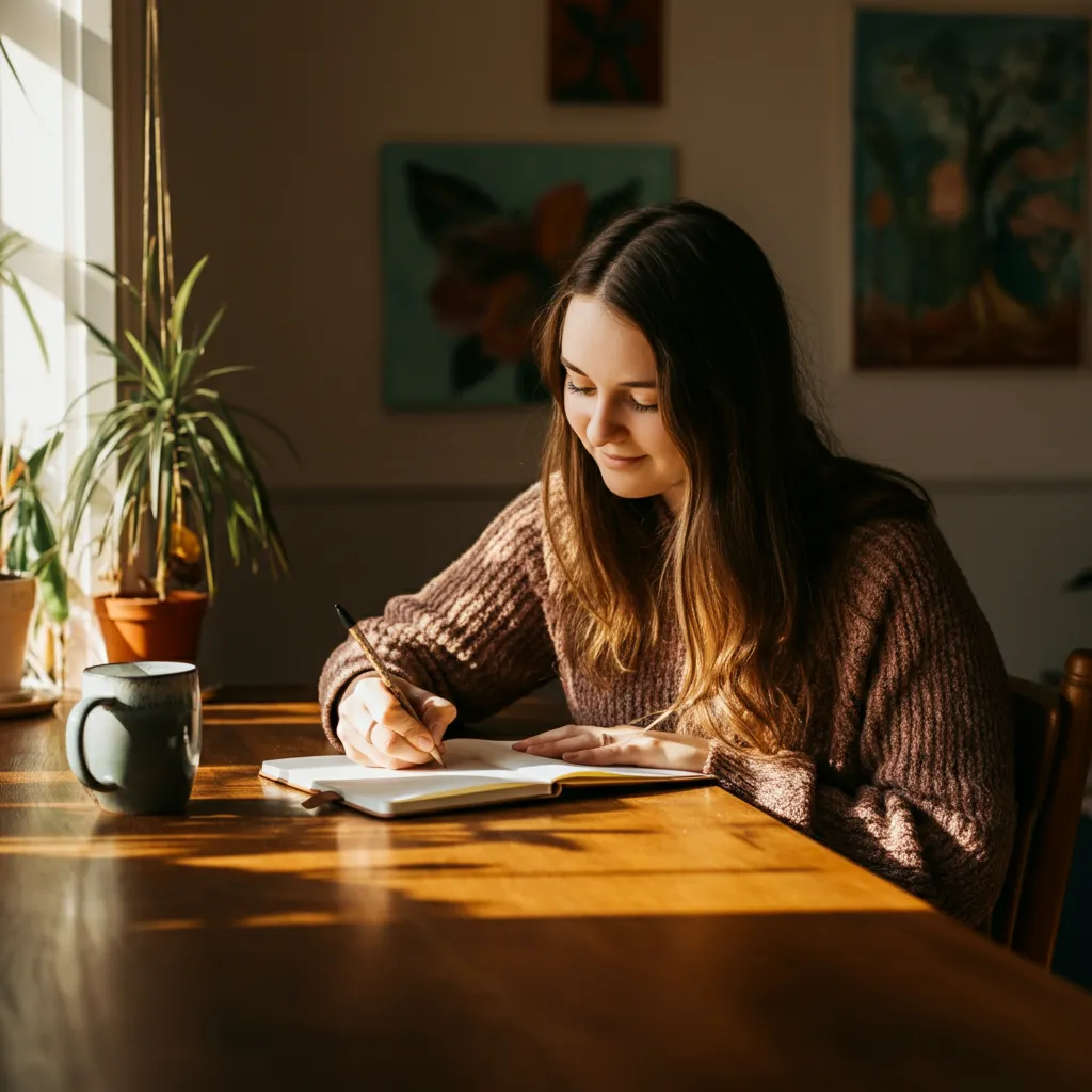 Person engaging in creative activities like brainstorming, journaling, and painting, symbolizing the cultivation of creativity and unleashing inner genius.