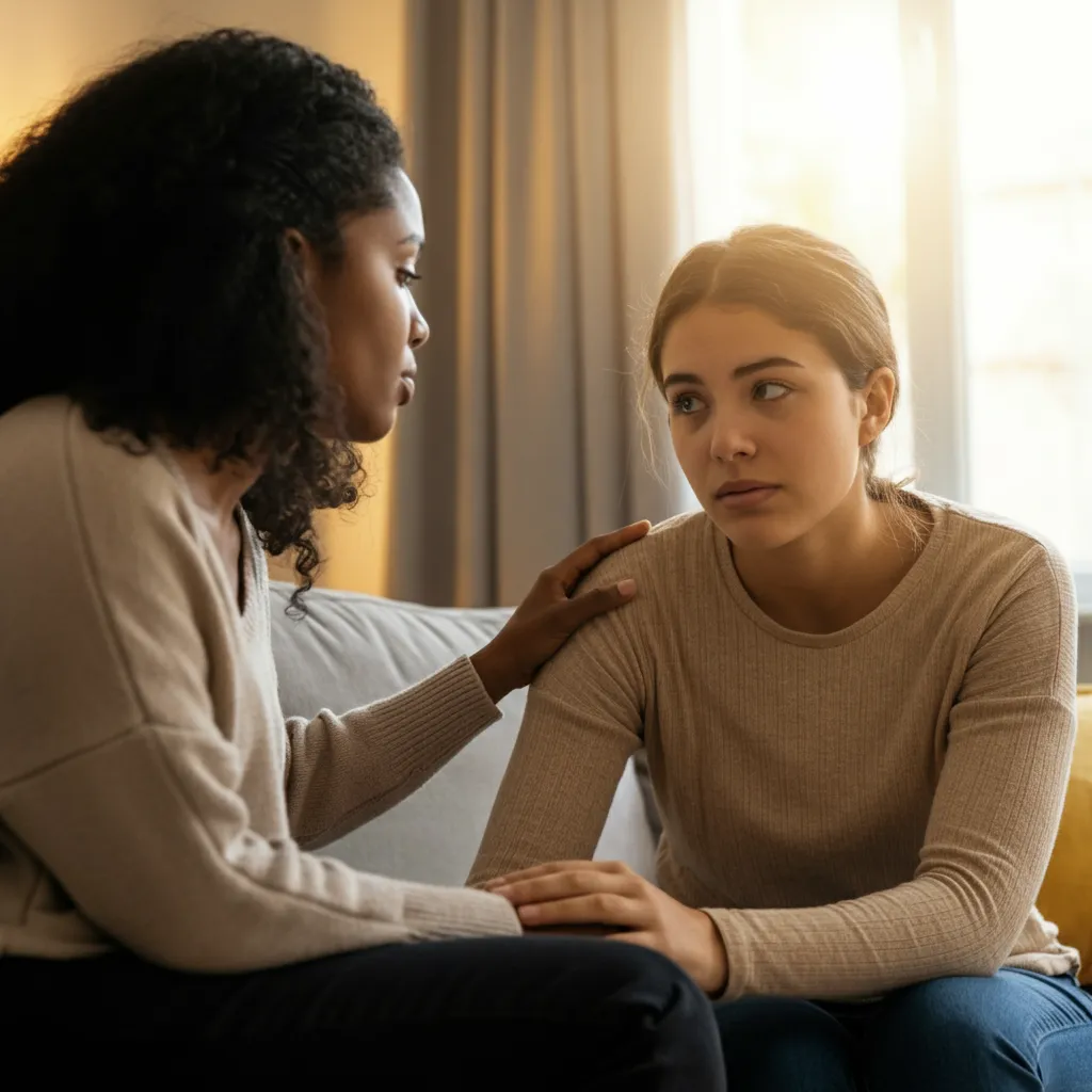 Two people demonstrating empathy and compassion by actively listening and offering support to each other.