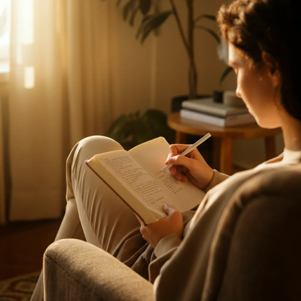 Person writing in a daily mood log to track their mental wellness journey.