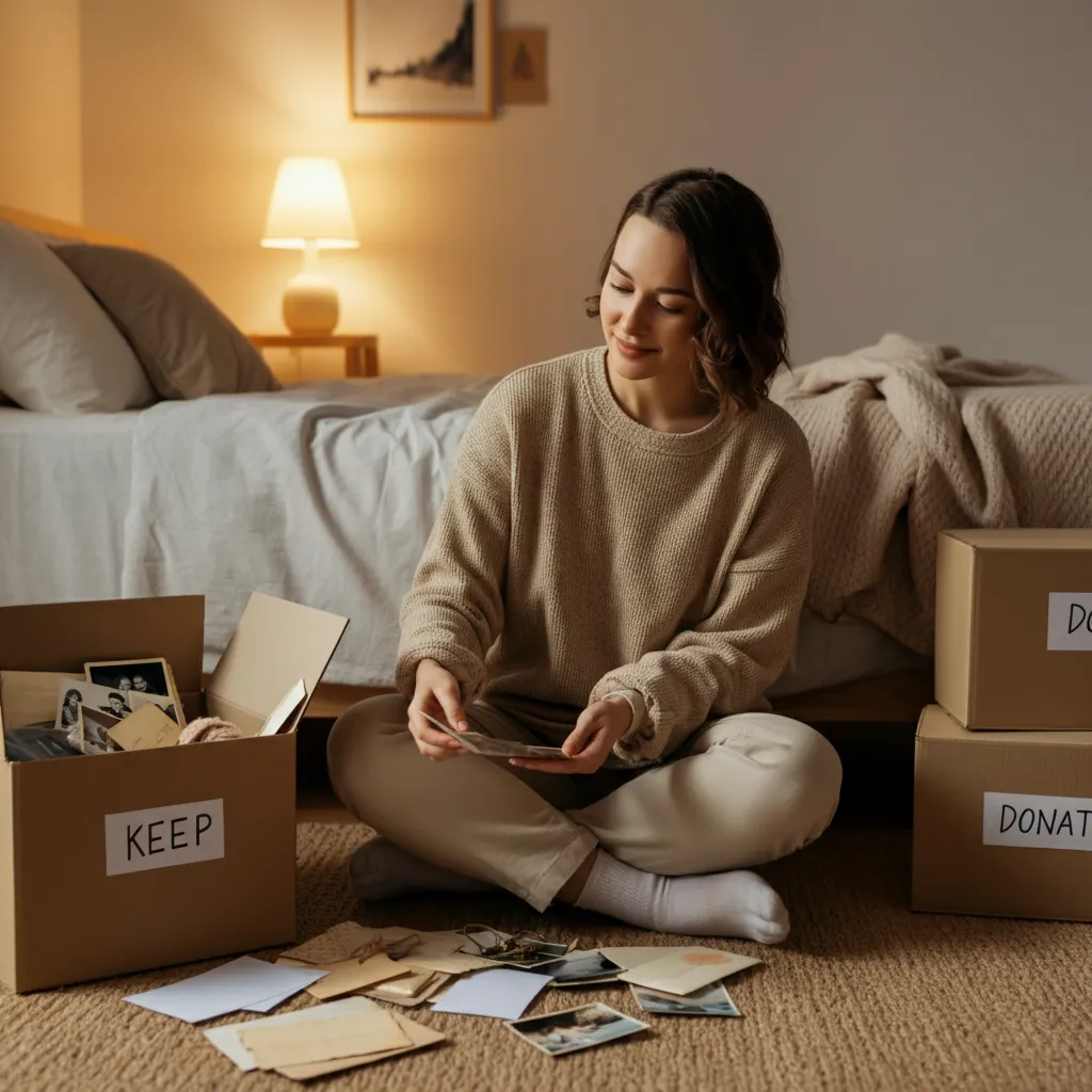 A person sorting through sentimental items, organizing them into boxes labeled 'Keep', 'Donate', and 'Discard', representing the process of dealing with sentimental clutter after trauma.