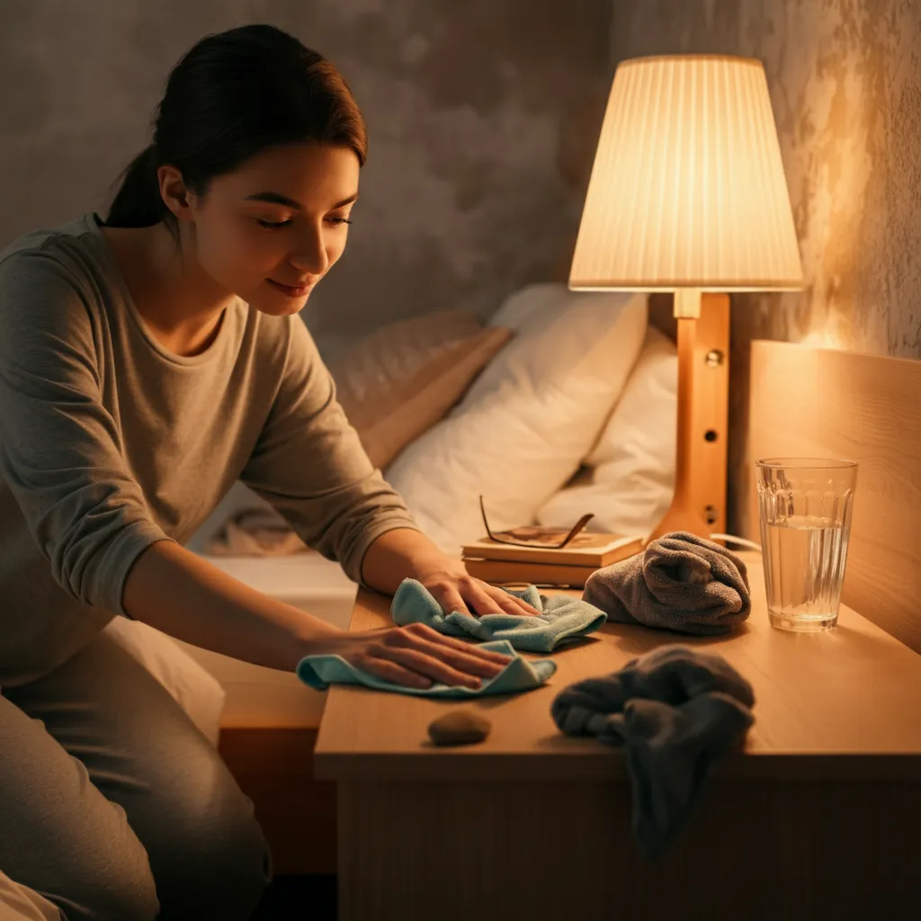 Person decluttering surfaces in their room, creating a sense of calm and order for improved mental health.