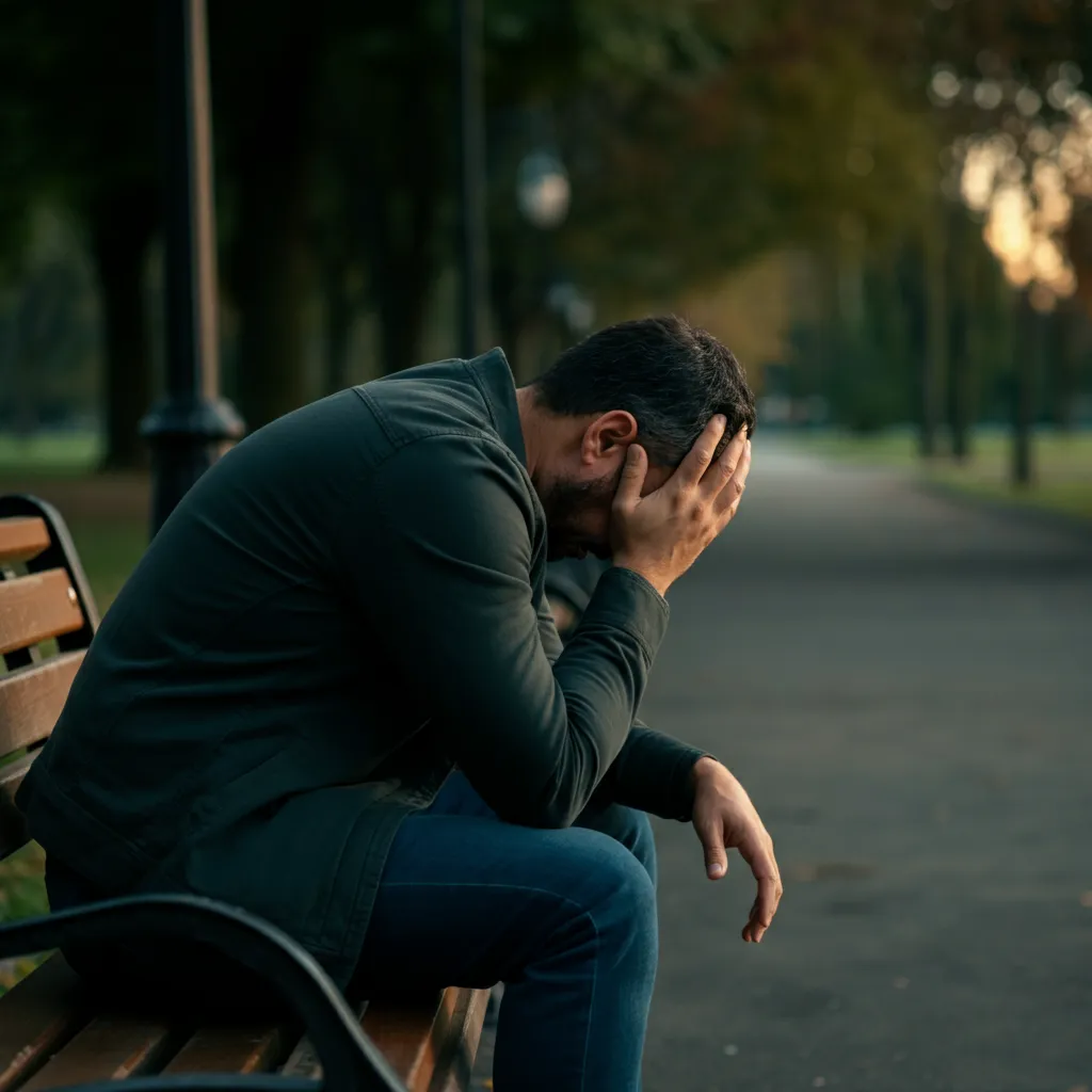 Man experiencing denial and shock after divorce announcement, representing the first stage of grief and divorce for men.