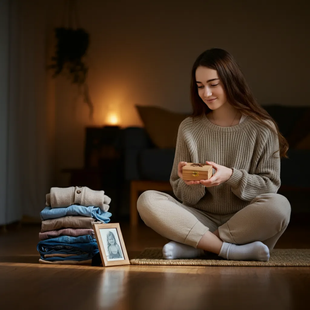 A person peacefully decluttering their belongings, representing the process of detaching from material possessions and embracing a simpler lifestyle.