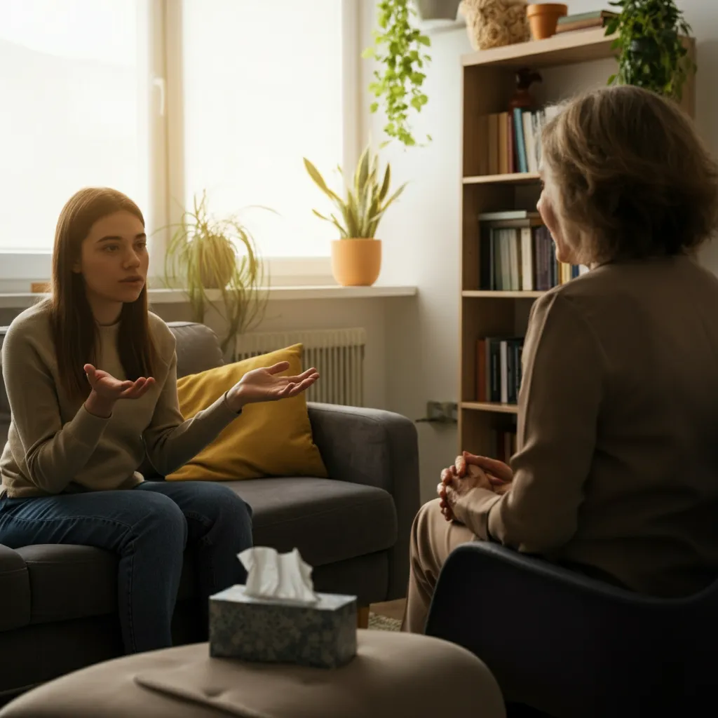 A person talking to a mental health professional, illustrating the process of diagnosing OS-TSRD and the importance of seeking professional help for trauma and stressor-related disorders.